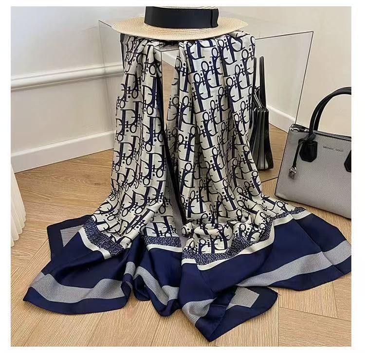 Designer Monogram Print Silk Scarf, Navy Blue and White, Luxury Fashion Accessory for women