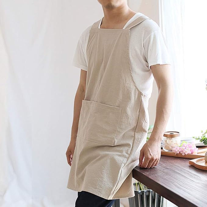 Japanese Style Linen Cotton Cross Back Pinafore Apron with Pockets for Women Ladies Men Chef Kitchen Cooking Baking