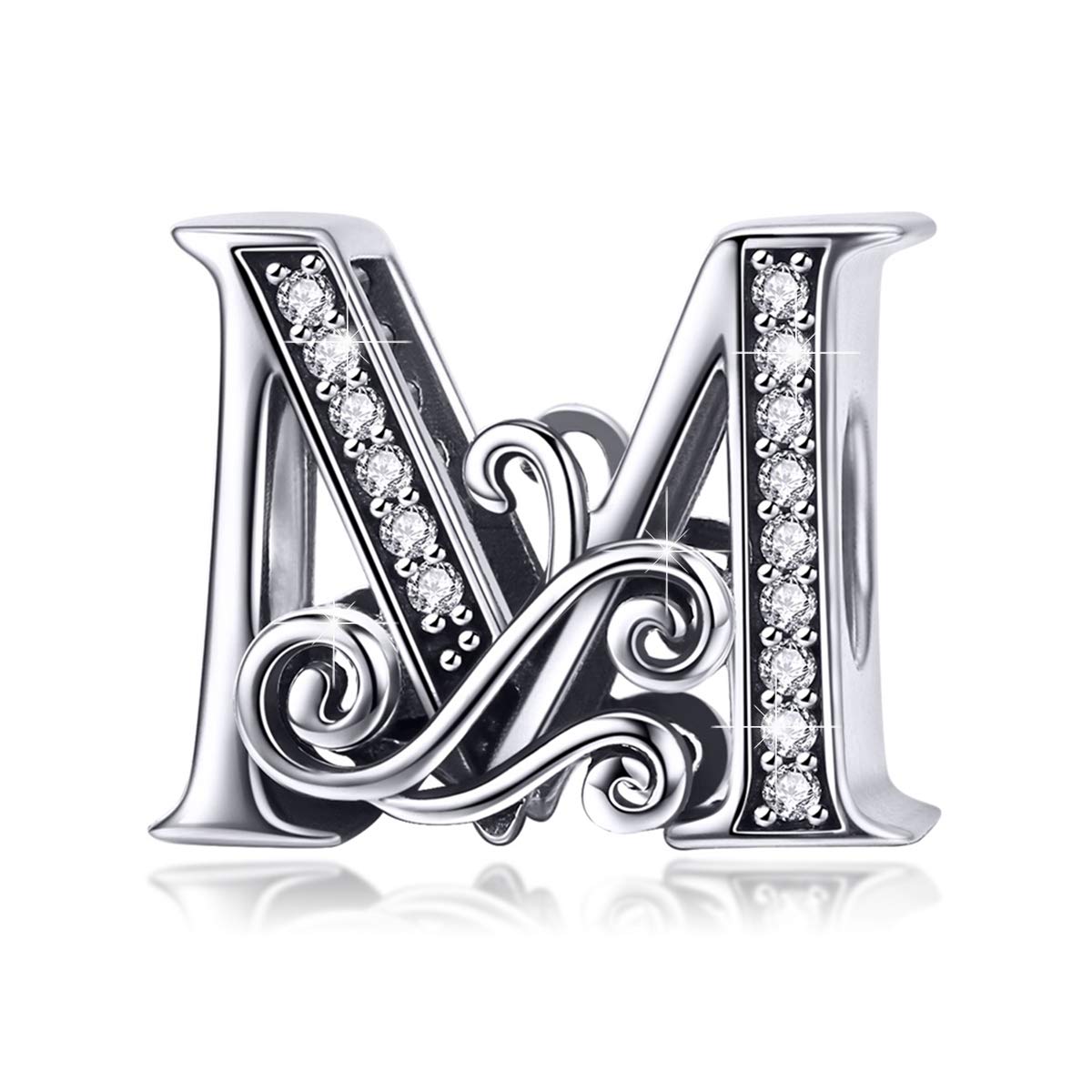 BISAER 925 Sterling Silver Initial Letter M Charms for Bracelets Alphabet Beads Charm Jewelry Gifts