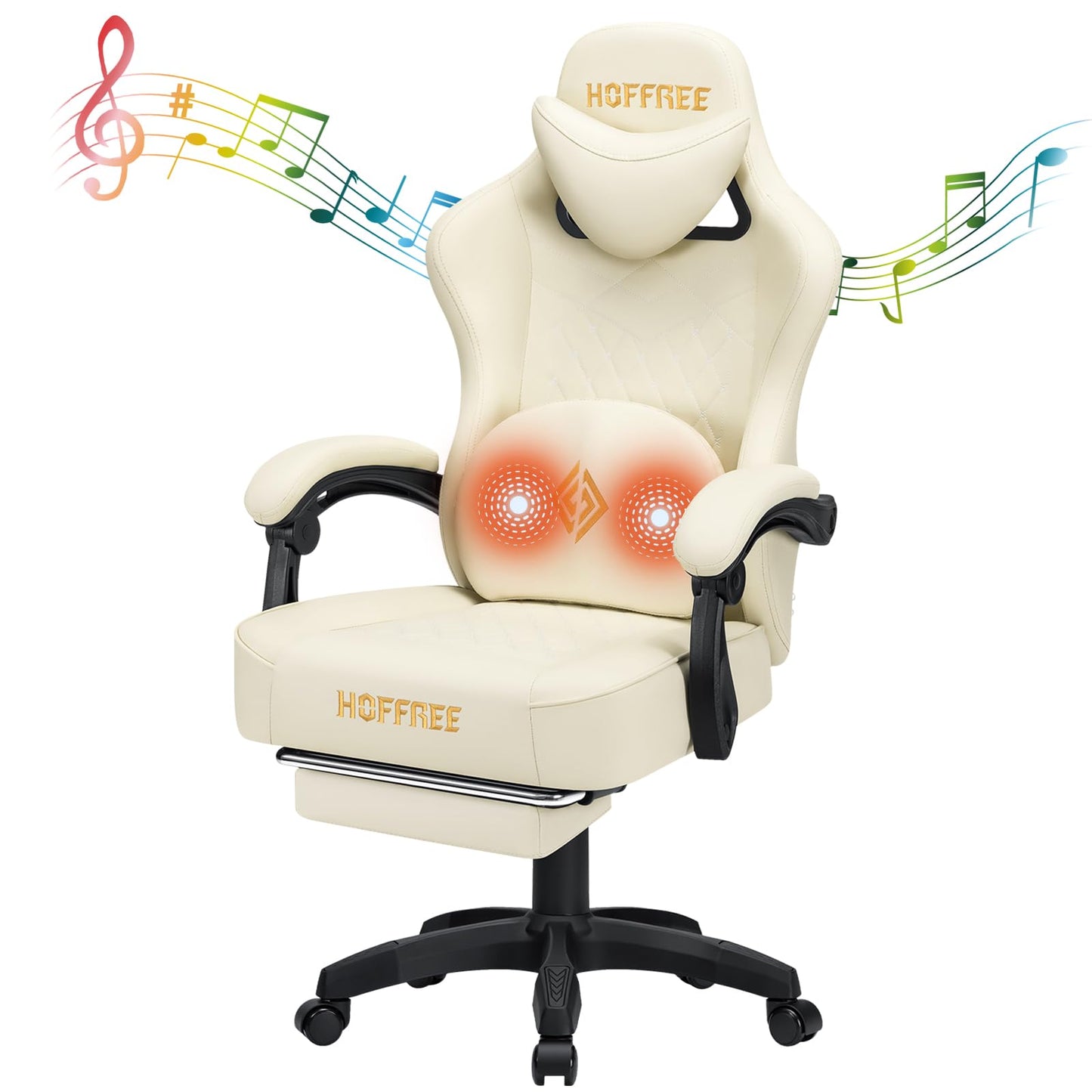 HOFFREE Gaming Chair with Speakers Massage Computer Gaming Chair with Pocket Spring Cushion for Adults Reclining Gamer Chair with Bluetooth Video Game Chairs with Footrest Ivory