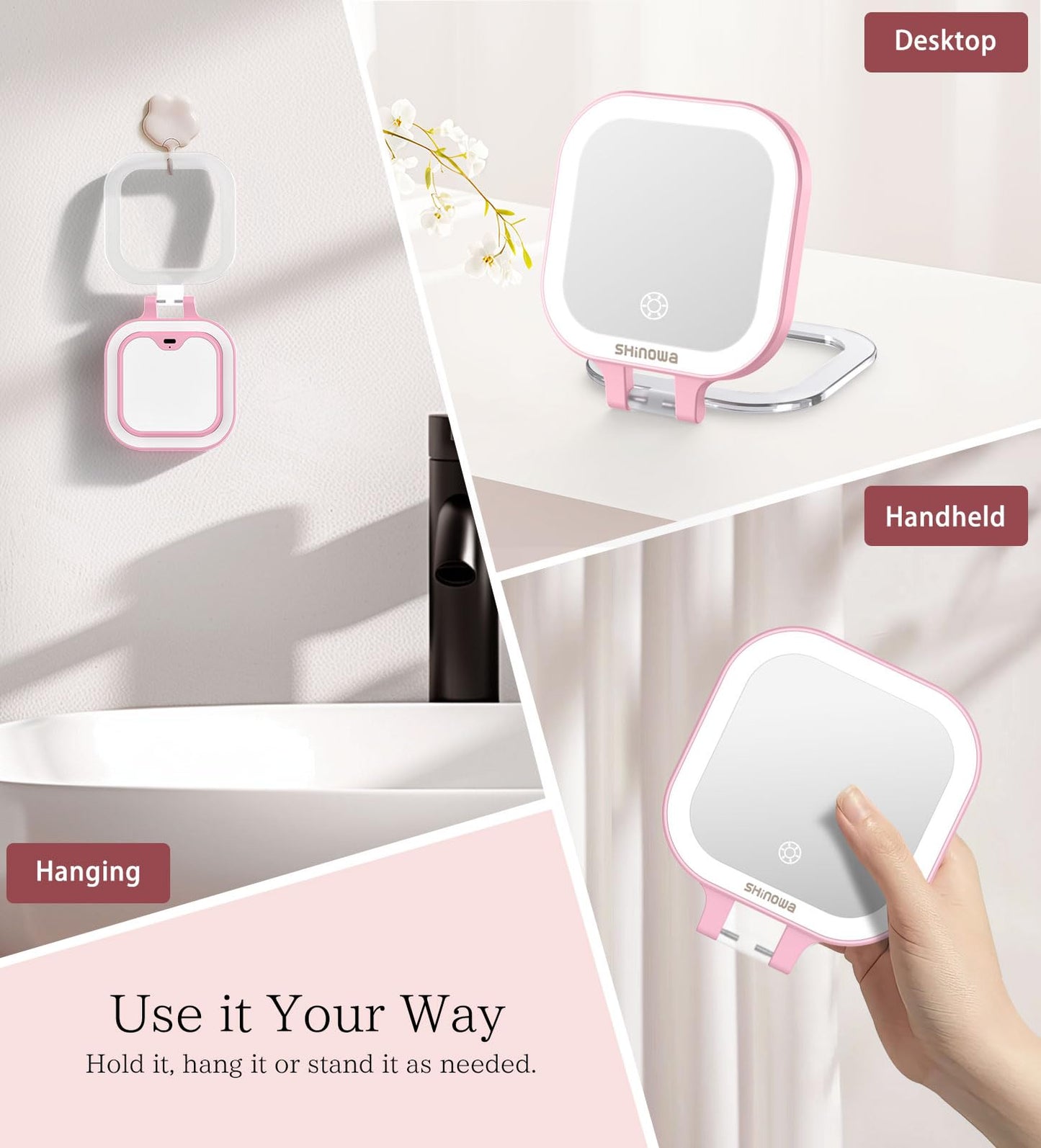 Shinowa Rechargeable Travel Makeup Mirror with 44 LED Lights, 1X/10X Magnifying Vanity Mirror with 3 Color Light, Folding Stand,
