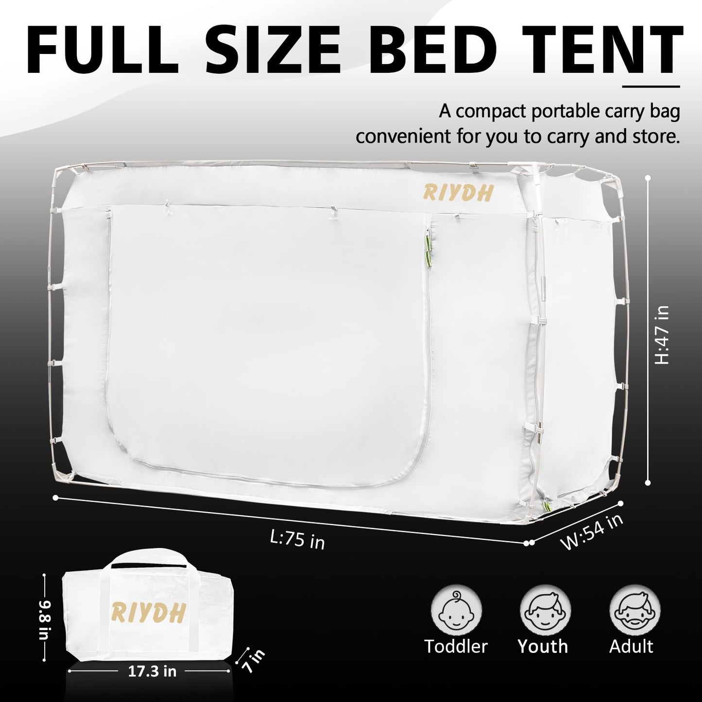 RIYDH Bed Tent Bed Canopy Full Size Tents for Adult and Kids- Original Design Portable Dream Tent Indoor Sleeping Tents 70% Blackout with 3 Doors Breathable Big Space Tents