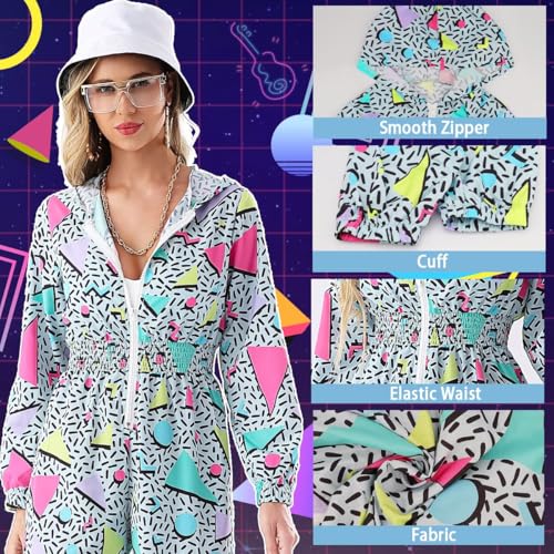 VillbeCoser Hoodies Jumpsuit 80s 90s Outfits for Women Tracksuit Costume One Piece Windbreaker Hip Hop Neon Party