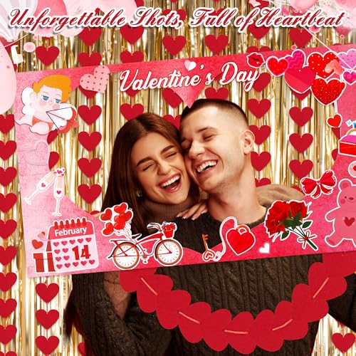 AceOrbit 105 Pcs Valentine Day Photo Booth Prop Kit Large Size Photo Kissing Booth Frame Hand Props Red Hearts Felt Hangin...