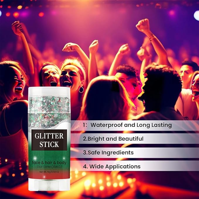 Christmas Body and Face Glitter Stick, Holographic Sparkling Neon Outfit Singer Concert Music Rave Festival Accessories Hair Glitter Gel Makeup. (Red &Green & White)