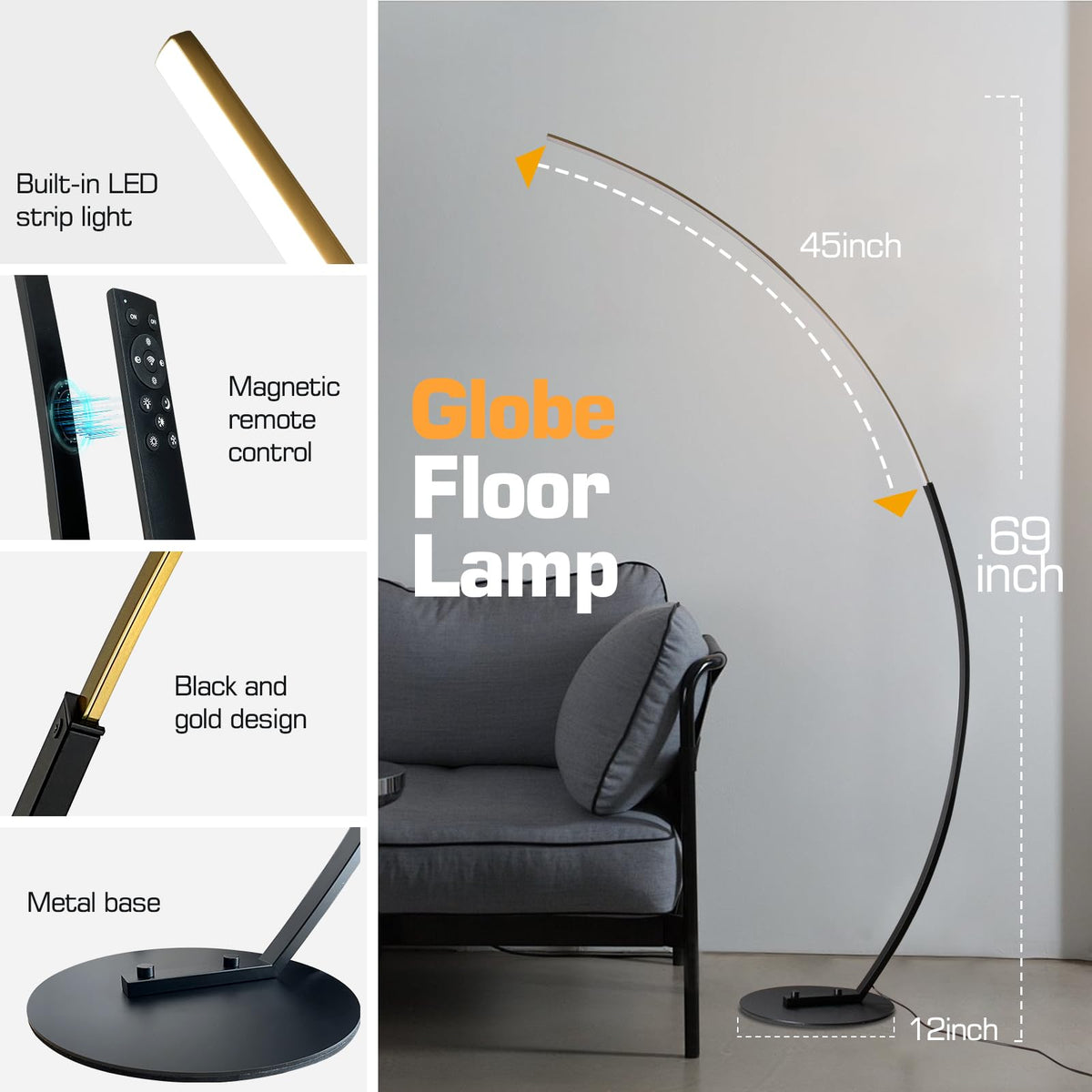 ShineMuse Modern LED Arc Floor Lamp Dimmable,Black Gold Arched Floor Lamp Standing Lamp with Remote for Living Room Bedroom Office Corner