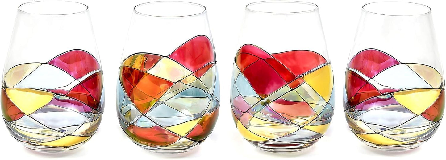 Antoni Barcelona Stemless Wine Glasses – Hand‑Painted Set of 4, Unique Wine Gift for Wedding, Anniversary, Housewarming & Christmas • Sagrada Familia Style • Ideal for Women & Men