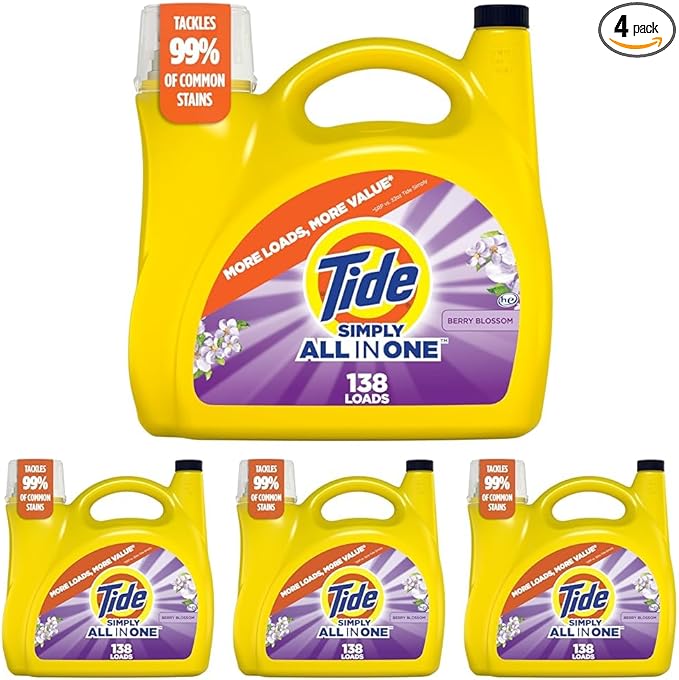 Tide Simply All-In-One Liquid Laundry Detergent, Berry Blossom Scent, 138 Loads, 182 fl oz (Pack of 4)
