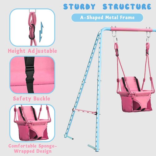 JYGOPLA 2-in-1 Toddler Swing Set with Metal Stand, Safety Belt & 4 Anchors - A-Frame Swing for Kids 6 Months+ (Pink, Indoor/Outdoor Backyard Playground)
