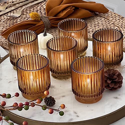 Kate Aspen Vintage Glass Tealight & Amber Votive Candle Holders (Set of 6) – Rustic Fluted Candle Holder Set, Boho Home De...