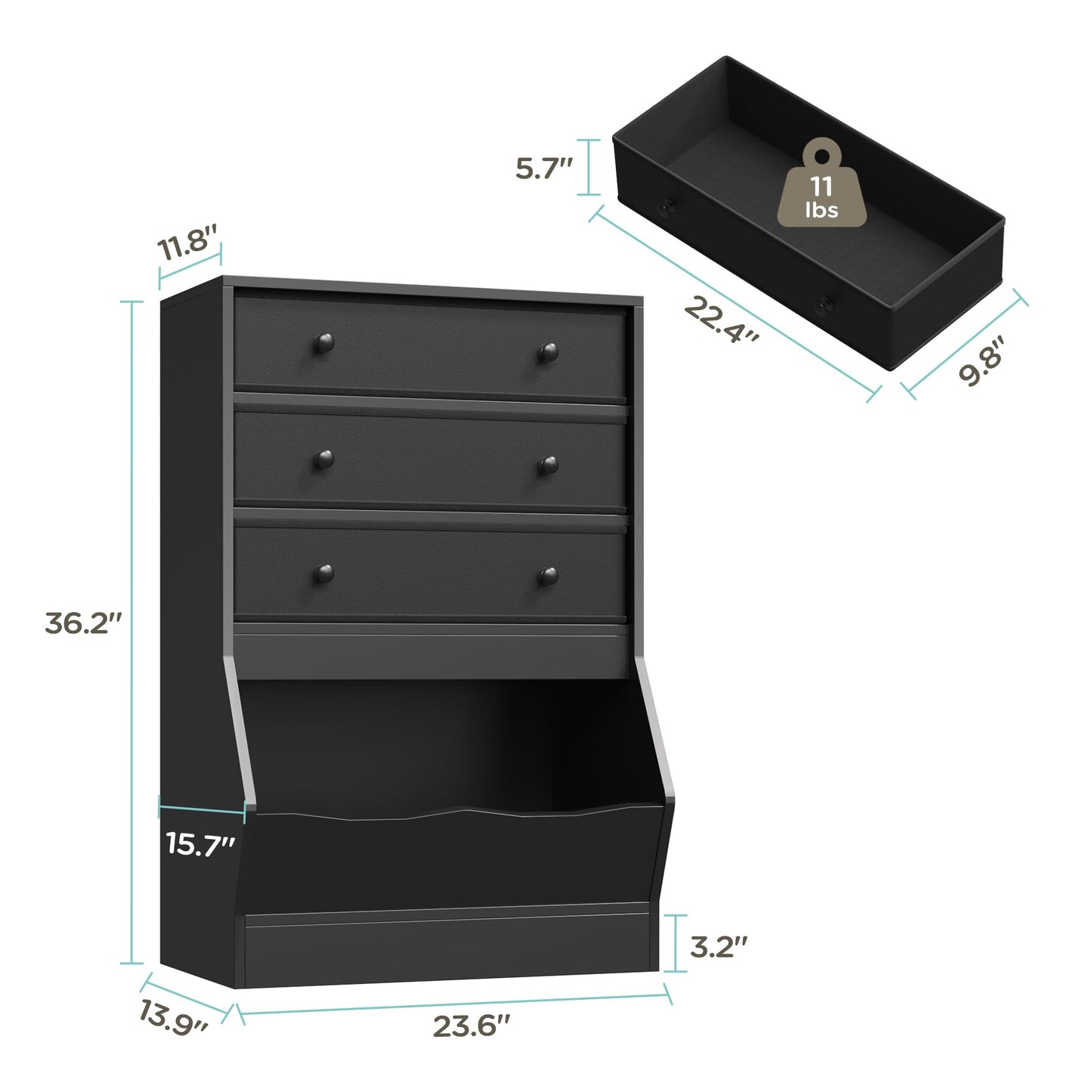 MHOM Fabric Dresser for Bedroom, Small Dresser with PU & Fabric Drawers, Modern Wooden Storage Cabinet with Open Cube for Closet, and Bedroom, Black