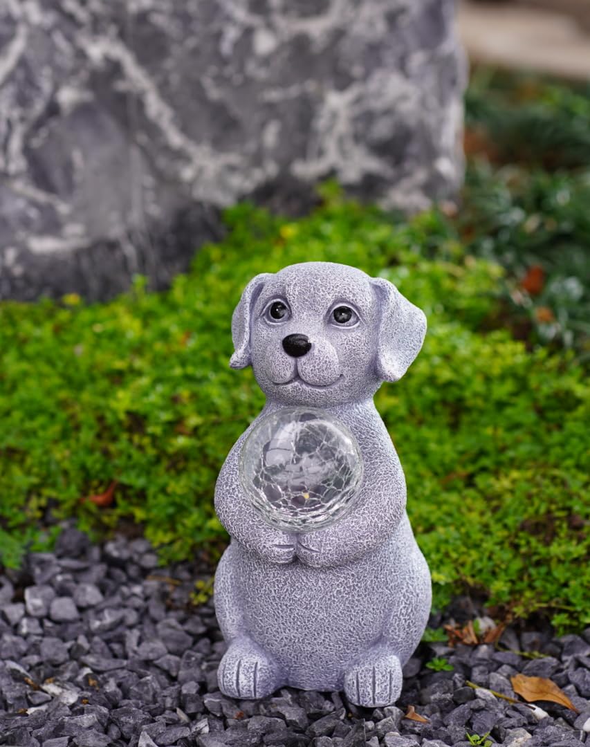 Tiejiajiang Solar Dog Garden Statues - 8.4 "Dog Decor with Gazing Ball Solar LED Lights, Unique Gifts for Mom Grandma Birthdays, Outdoor Decor for Outside Lawn Porch Patio (Gray)
