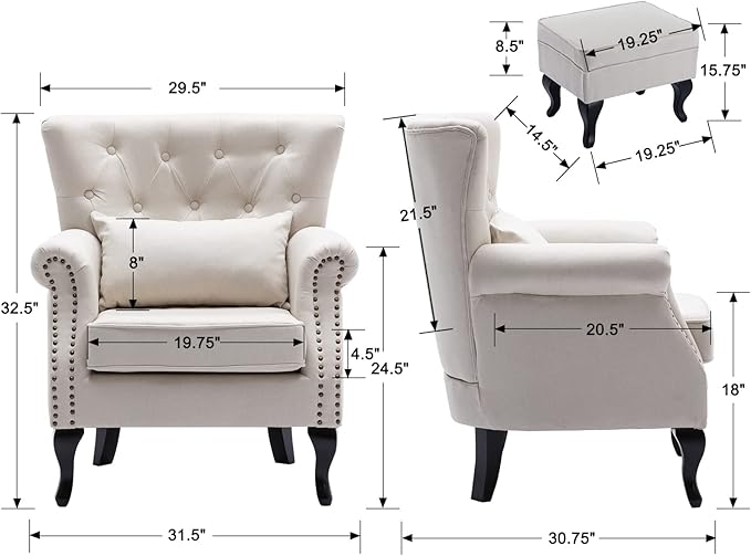 DM Furniture Accent Chair with Ottoman Modern Button Tufted Armchair Wingback Club Chair Linen Fabric Single Sofa Lounge Chair with Pillow for Living Room Bedroom, Beige