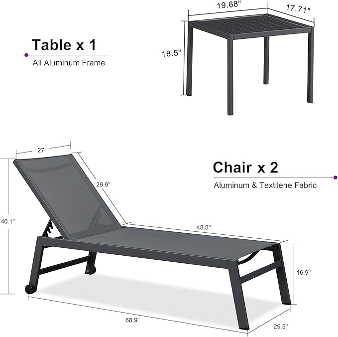 PURPLE LEAF Outdoor Chaise Lounge Set for 2 Oversized Pool Lounge Chairs with Easy-to-Move Wheels and Adjustable Backrest Extra Large Patio Loungers for Poolside Beach Table Included, Charcoal Grey