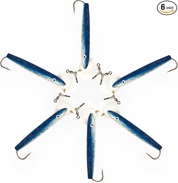 4" Cedar Plugs, 6 Pcs Blue/White Rigged, for Saltwater Fishing, Includes Lure Bag, Ideal Offshore Trolling Gear for Tuna