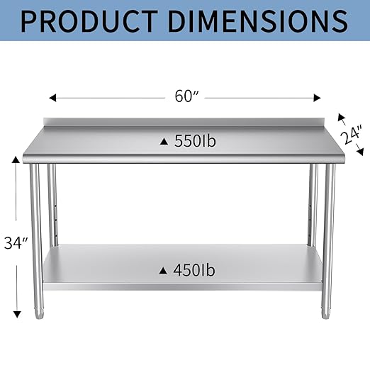 Mioleu Commercial Stainless Steel Table 60 x 24 Inches Heavy Duty Prep & Work Metal Desk with Blacksplash & Adjustable Undershelf for Kitchen Restaurant Home Garage Warehouse