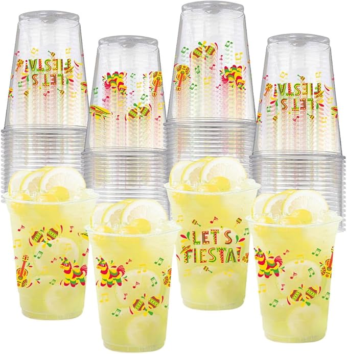 AIBIIN 50 PCS Fiesta Party Plastic Cups 12 oz Mexican Cinco De Mayo Clear Disposable Plastic Cups Decorations Taco Bar Le...