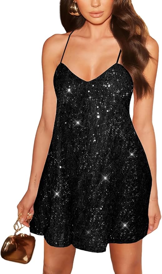 Kaei&Shi Feather Sequin Dress,Spaghetti Strap Backless Sparkly Mini Dresses Women,Sexy Glitter Outfit Birthday Homecoming Nye