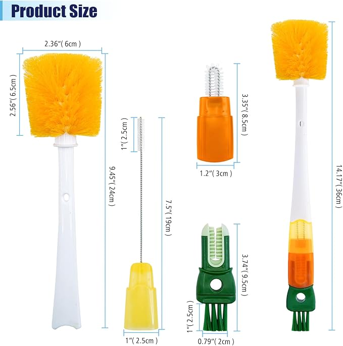 5-in-1 Bottle Brush Set (1Pc Orange), Long Handle Bottle Cleaning Brush Straw Brush Nipple Brush Hard-Corner Brush for Sports Water Bottles Caps Mugs Glasswares Tumblers Wine Decanters