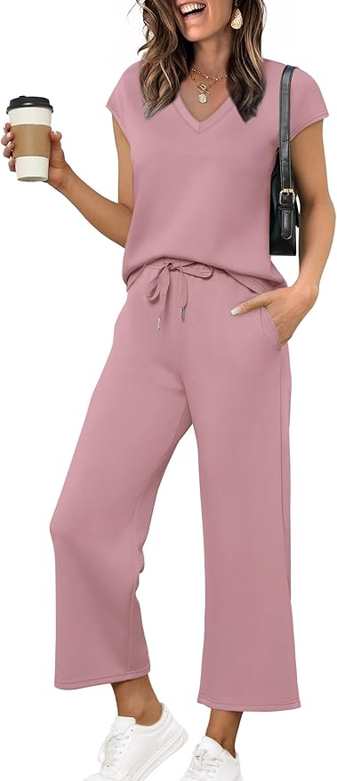 Saloogoe Two Piece Sets for Women Summer Outfits Lounge Sets V Neck Tops Wide Leg Pants Woman Vacation Travel Outfits