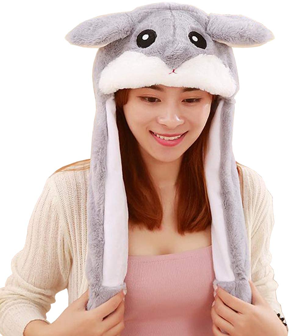 JOYHY Kids Adults Plush Hat Ear Moving Ear Flap Hat With Paw Grey Hamster