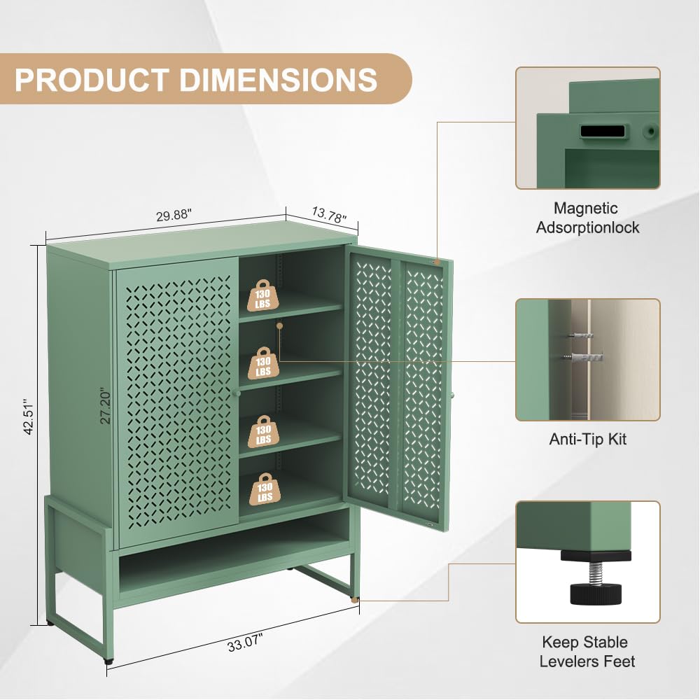 Metal Shoe Storage Cabinet for Entryway with Doors & 3 Shelves,Modern Shoe Cabinet Free Standing Shoe Organizer with Adjustable Legs for Hallway,Living Room,Foyer (Openwork Door Panel, Green)