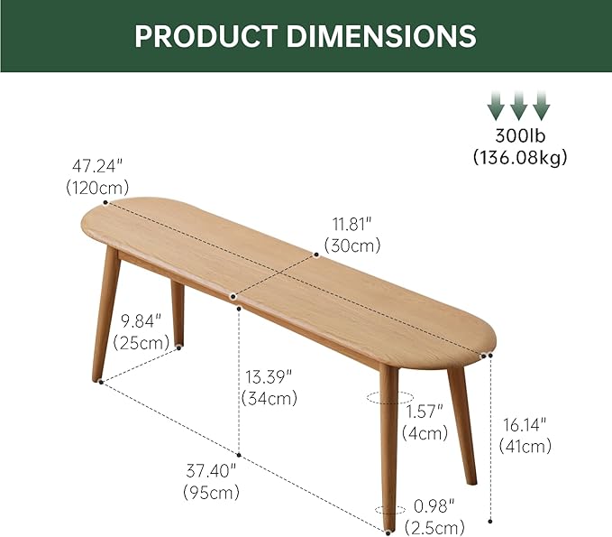 Vadisun 47'' 100% Solid Oak Wood Dining Bench,Rounded Corner Baguette Shape Chair Surface Design,Entryway Bedroom Bed End Bench (47.3inch, Natural Oak)
