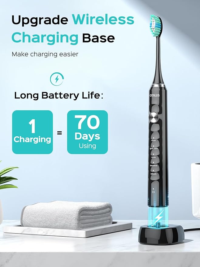 COSLUS Sonic Electric Toothbrush for Adults: 47000 VPM for Deep Cleaning & Whitening with Travel Case - 5 Modes for Sensitive Teeth & Braces, Wireless Charging, 6 Brush Heads, Black & Pink (2PCS)