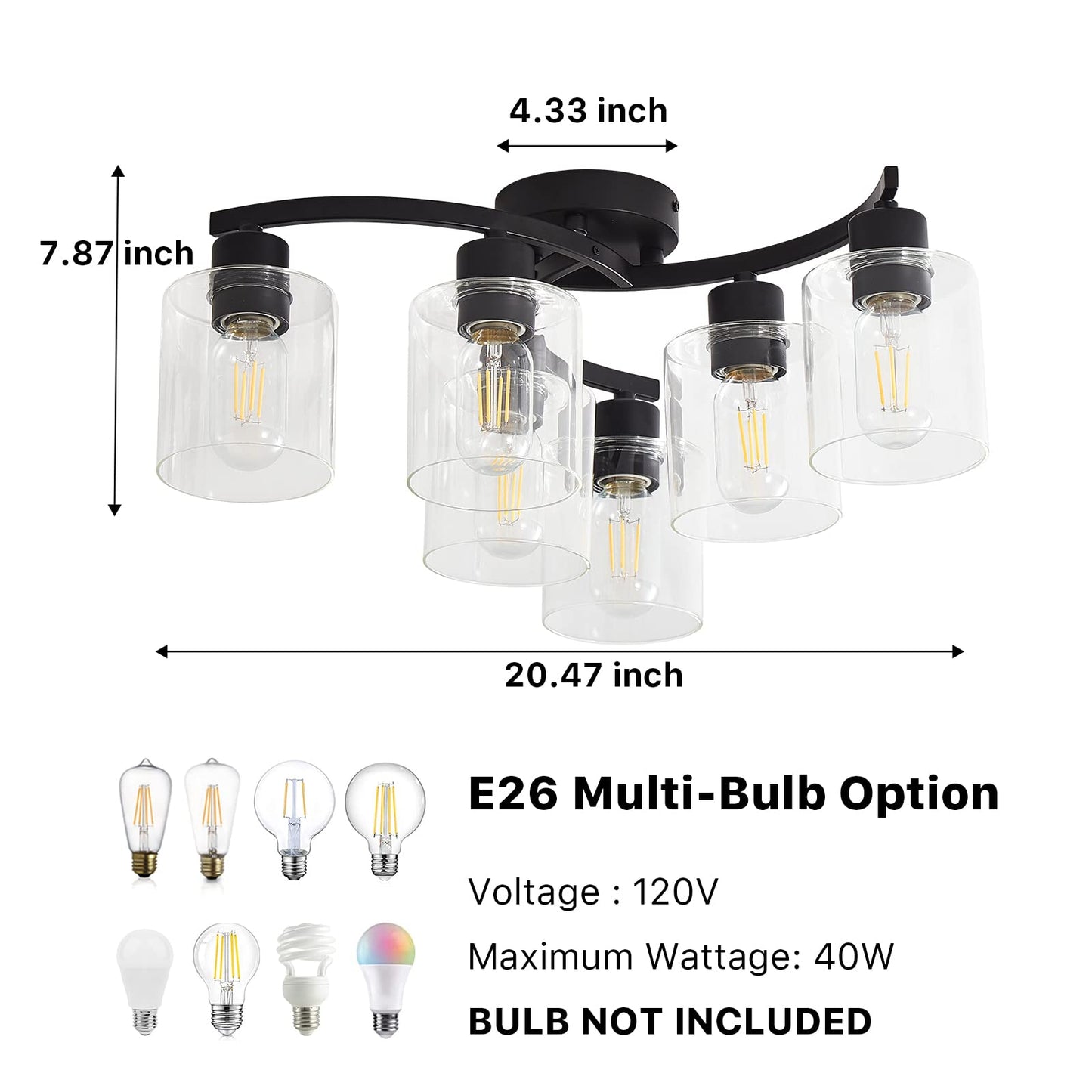 Eatich 6-Light Ceiling Light, Semi Flush Mount Ceiling Light Fixture, Kitchen Lighting Fixtures Ceiling, Farmhouse Black with Clear Glass Shade for for Dining Room Bedroom Living Room