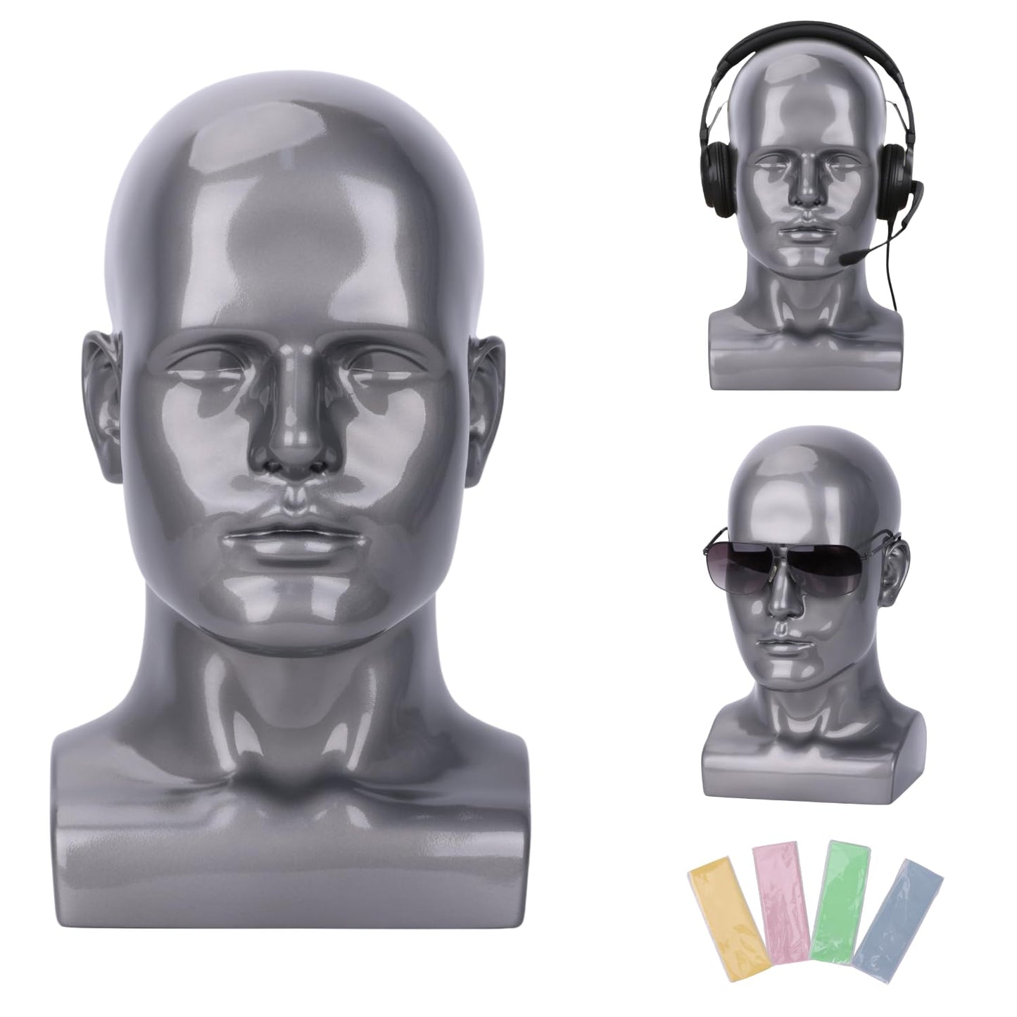 lightmay Male Mannequin Head - 13.7    Silver Gray Wig Stand for Hats, Wigs, Headphone, Glasses - Great for Styling, Display & S