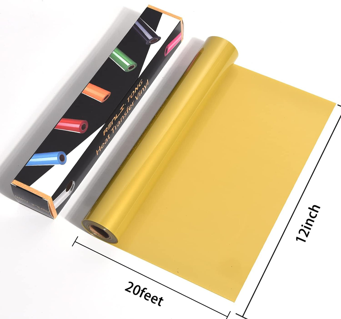RENLITONG Golden Iron on Vinyl 12Inch by 20ft Roll HTV Heat Transfer Vinyl for T-Shirt HTV Rolls for All Cutter Machine - Easy to Cut & Weed for Heat Transfer Design