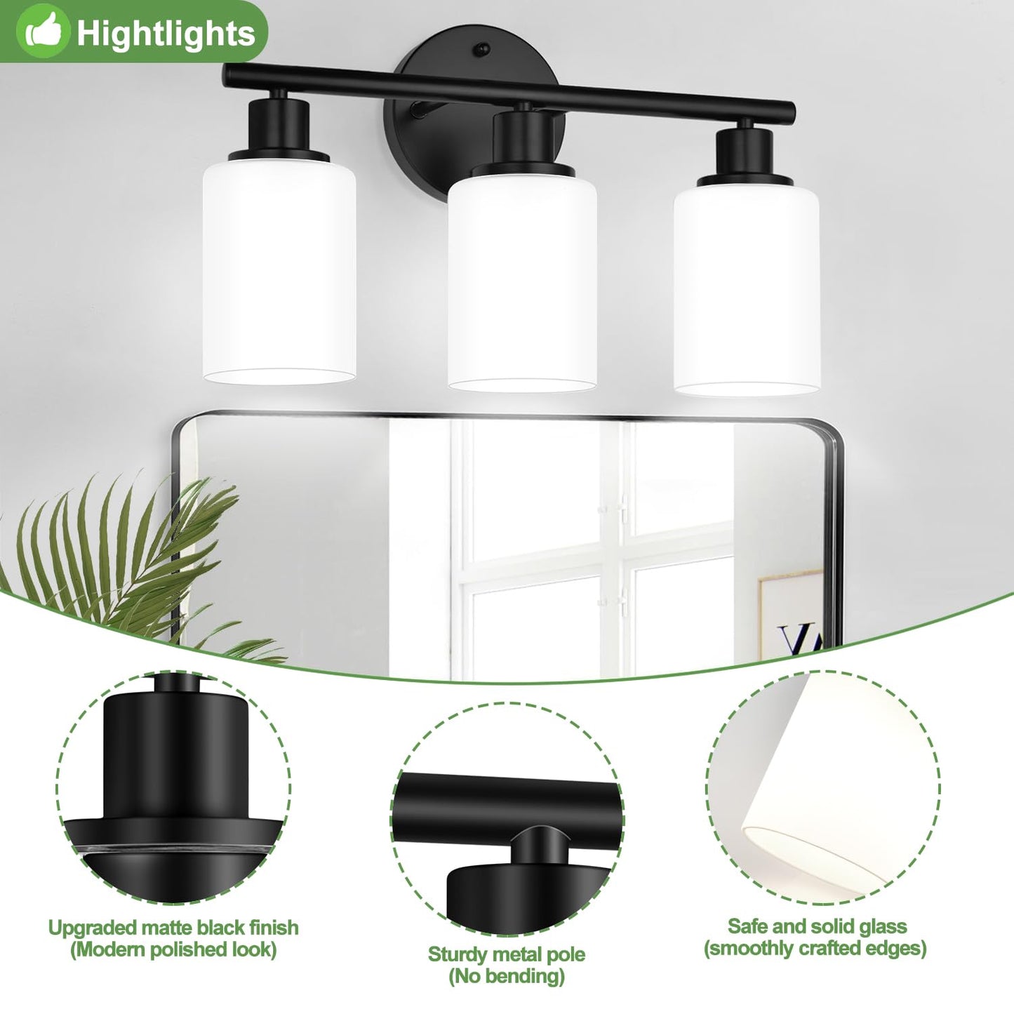 Zarbitta 3-Light Bathroom Light Fixtures, Black Modern Vanity Lights with Milky White Frosted Glass Shades, Bathroom Wall Lamp for Mirror Kitchen Living Room Hallway Cabinet Porch