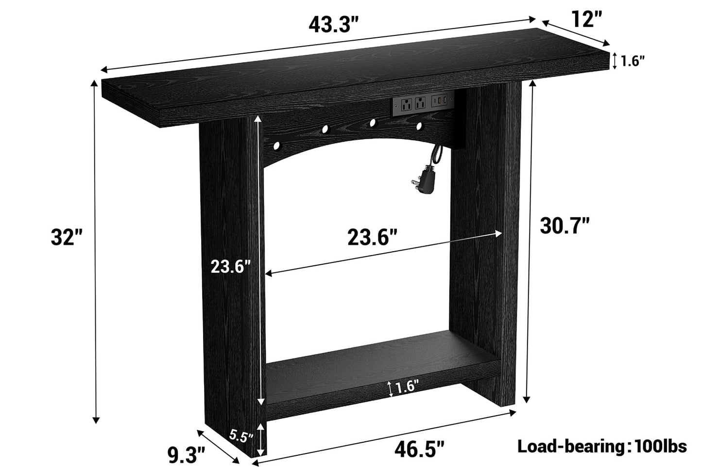 REDAYFUR 43" Console Table with Charging Station, Entryway Table 2-Tier Storage & Power Outlets or Hallway & Living Room, Perfect as Sofa Table Behind Couch, Sturdy Thickened Board & Anti-Tip