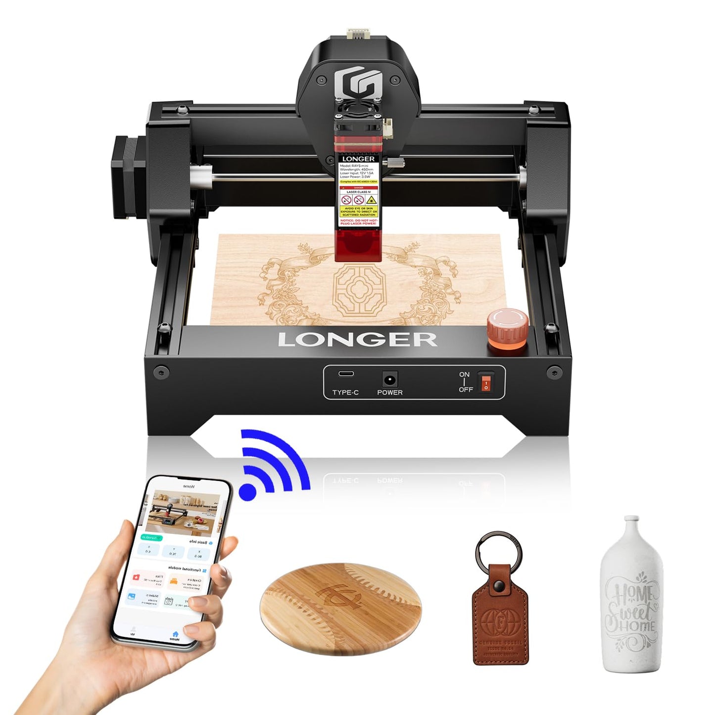 LONGER Ray5 mini Laser Engraver, 12000mm/min High-Speed Cutter for Wood, Acrylic, Leather, DIY CNC, 140x130mm Engraving Area, WiFi, Emergency Stop Safety (2.5W)，Laser Class2