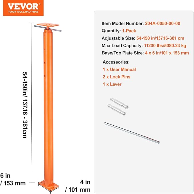 VEVOR House Floor Jack, 54"-150" Height Range, 11200 lbs Max Load Capacity, Adjustable Support Beam Basement Jack Post Pole for Leveling, Lift Support Steel Telescoping Jack for Temporary Support
