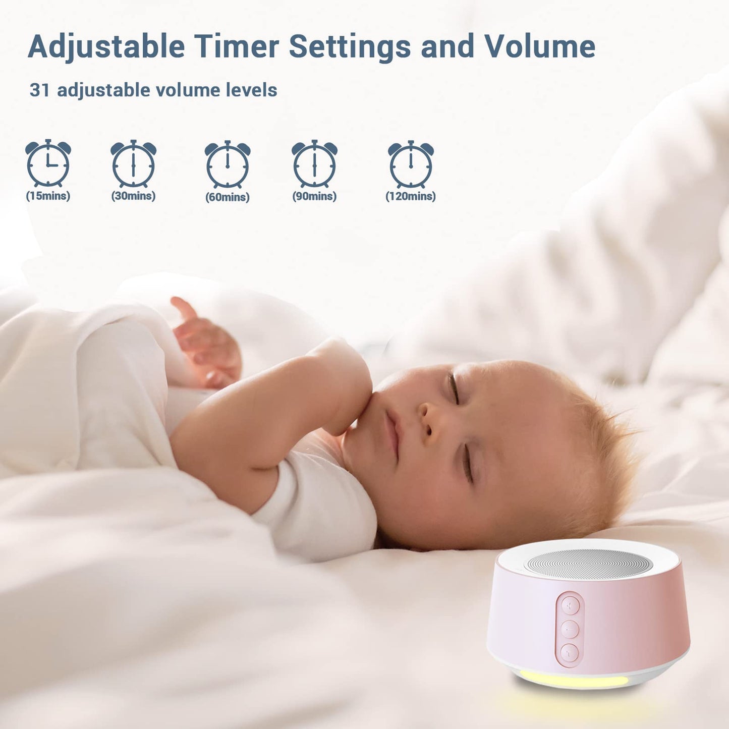 BGOVERSS White Noise Sound Machine with 20 Soothing Sounds, 10 Colors Night Light Sleep Machines Home Office Travel, 5 Timers and Memory Feature Sound Machine for Nursery Baby Kids Adults, Pink