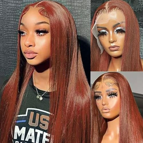 Reddish Brown Lace Front Wigs Human Hair For Black Women 13x4 HD Transparent Straight Lace Front Wigs with Baby Hair Cooper Red Glueless Wigs Pre Plucked (22 Inch, Reddish Brown)