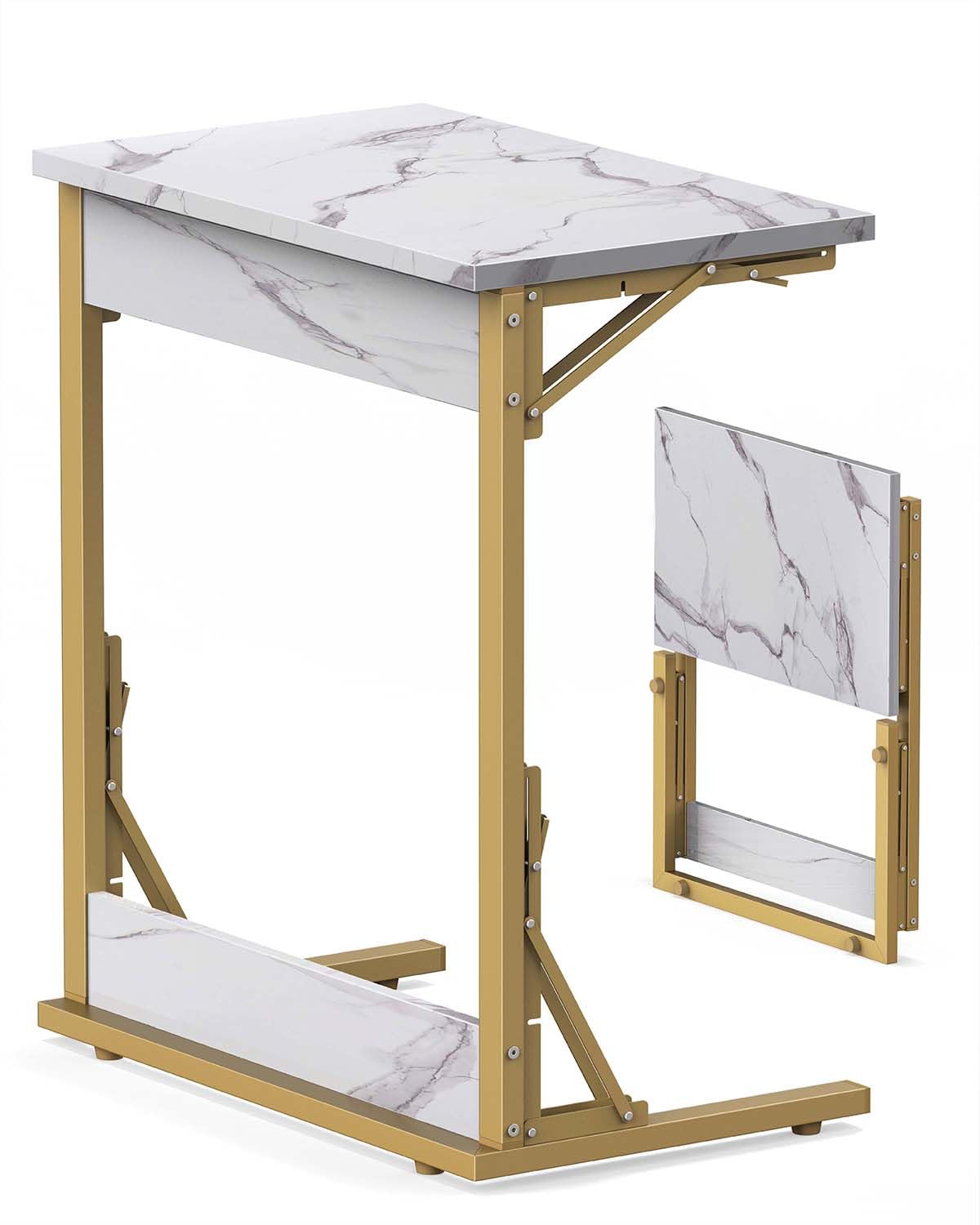 Tatub 24" Folding TV Tray Table, Marble C Shaped End Table for Couch, Small Sofa-Side Laptop Desk with Gold Metal Frame for Living Room, Bedroom, Bedside
