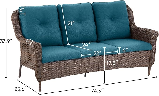 ACTREST Patio Couch Outdoor Wicker Sofa - Heavy Duty All-Weather Brown Rattan 3-Seater with High Back and Comfortable Thick Cushions for Garden Back Porch Poolside Apartment - Peacock Blue