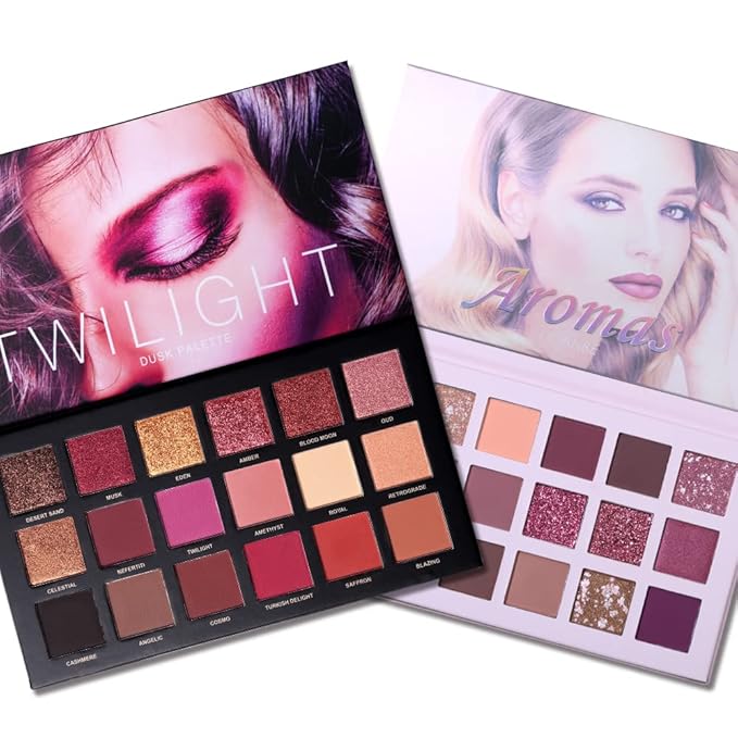 2Pcs Twilight Dusk + Aromas Nude Eyeshadow Palette Makeup Set, Matte Shimmer Glitter Pressed Pearl All Highly Pigmented Blending Powder, Natural Velvet Texture Eye Shadow Kit