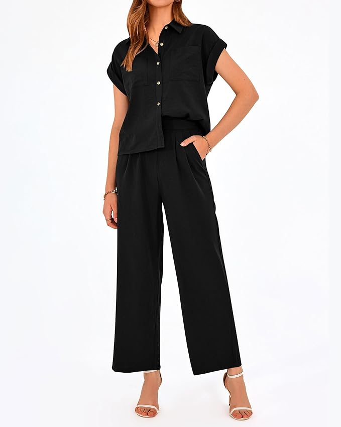 PRETTYGARDEN Womens 2 Piece sets Summer Cap Sleeve Tops Palazzo Pants Dressy Casual Vacation Travel Outfits Tracksuits