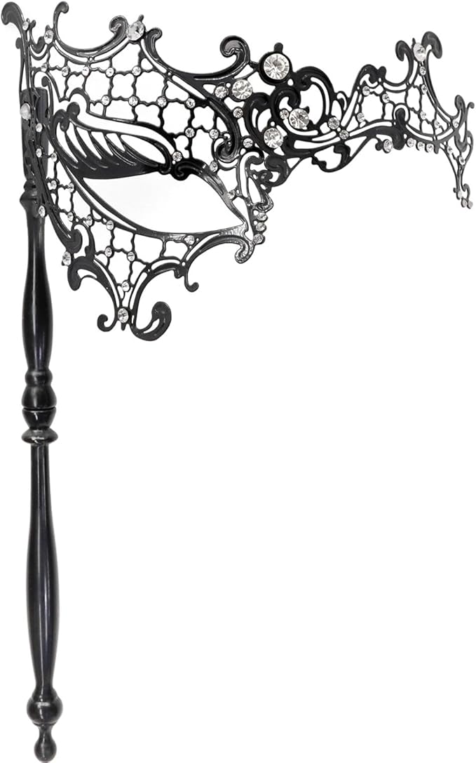 Thmyo Venetian Halloween Mardi Gras Party Mask with Holding Stick, Carnival Handheld Metal Feather Rhinestone Masquerade Mask