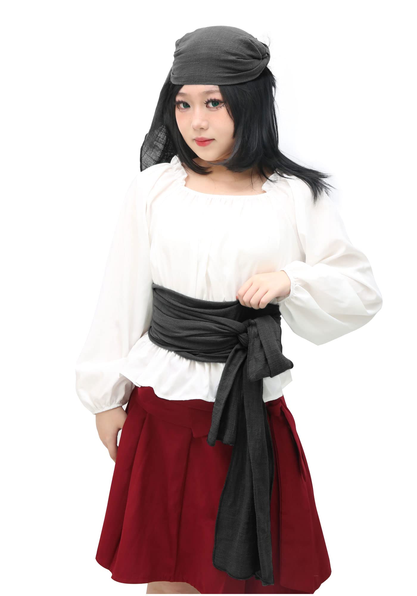 UJUROU Medieval Pirate Sash Bandana 2 PCS Linen Straps Wide Waist Belt and Headband Renaissance Costume Accessory (Black)