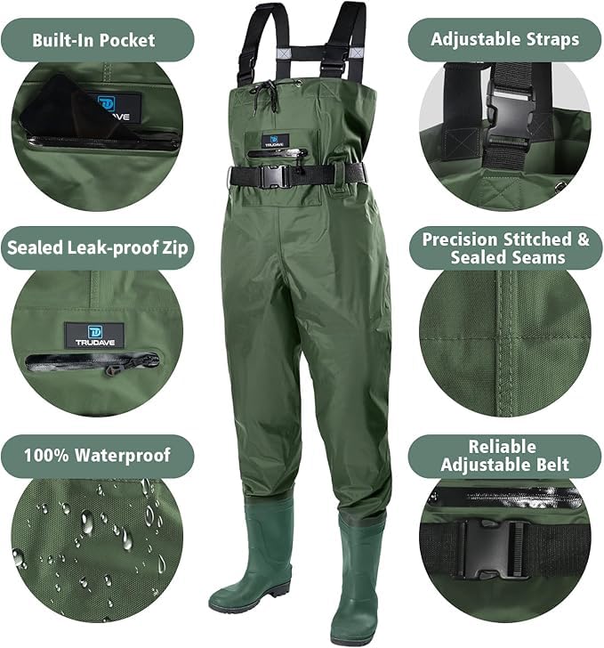 Trudave Chest Waders for Men with Boots, 2-Ply Nylon/PVC Waterproof Fishing & Hunting Waders for Men and Women