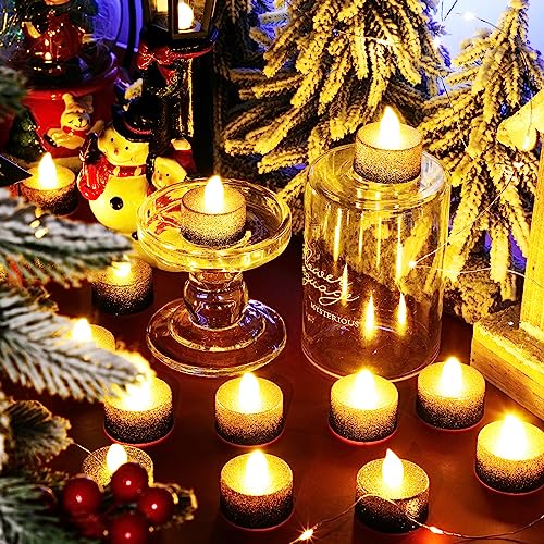 Retisee 48 Pcs Flameless LED Tea Lights Gold Black Glitter Electric Fake Candles for Centerpieces Battery Operated Anniver...