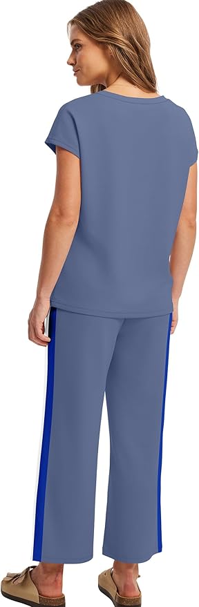Saloogoe Two Piece Sets for Women Summer Outfits Lounge Sets V Neck Tops Wide Leg Pants Woman Vacation Travel Outfits