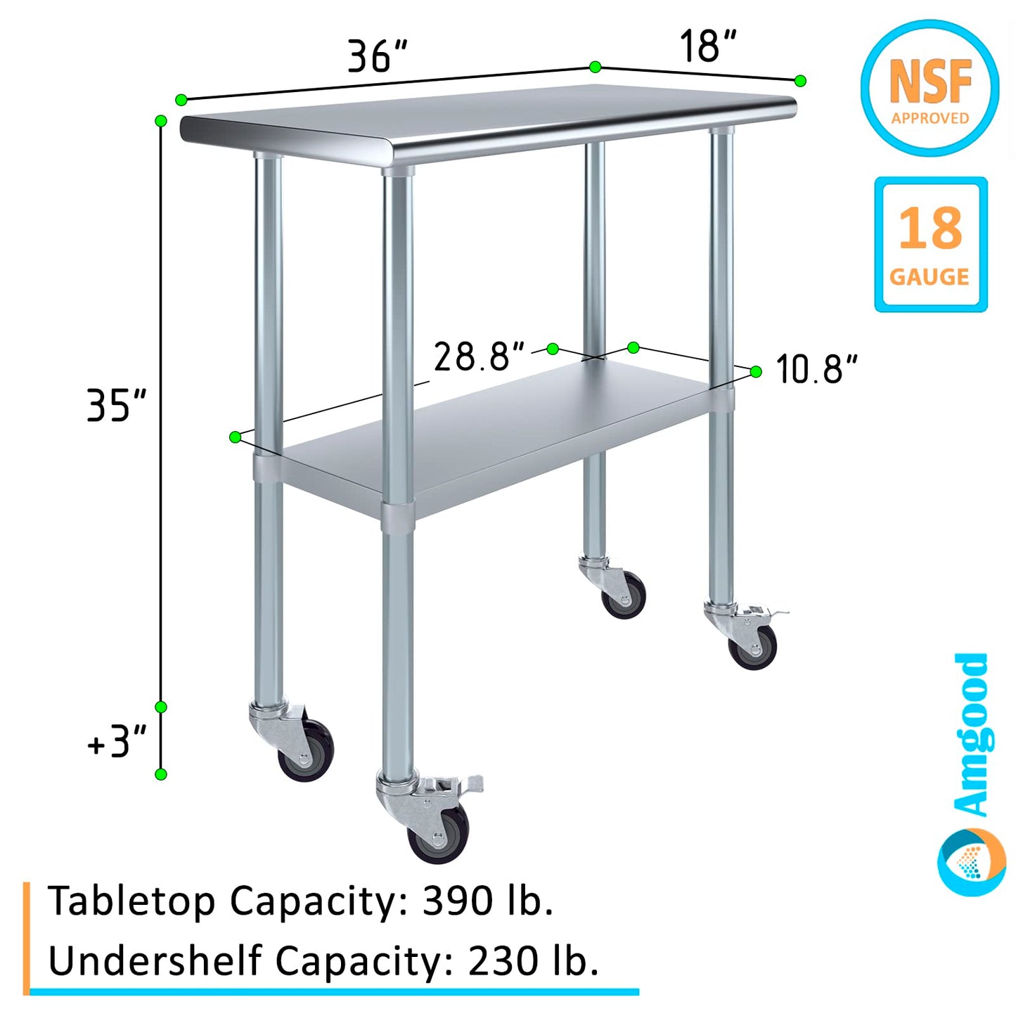 AmGood 18 in. x 36 in. Stainless Steel Work Table with Wheels | Metal Kitchen Food Prep Table | NSF