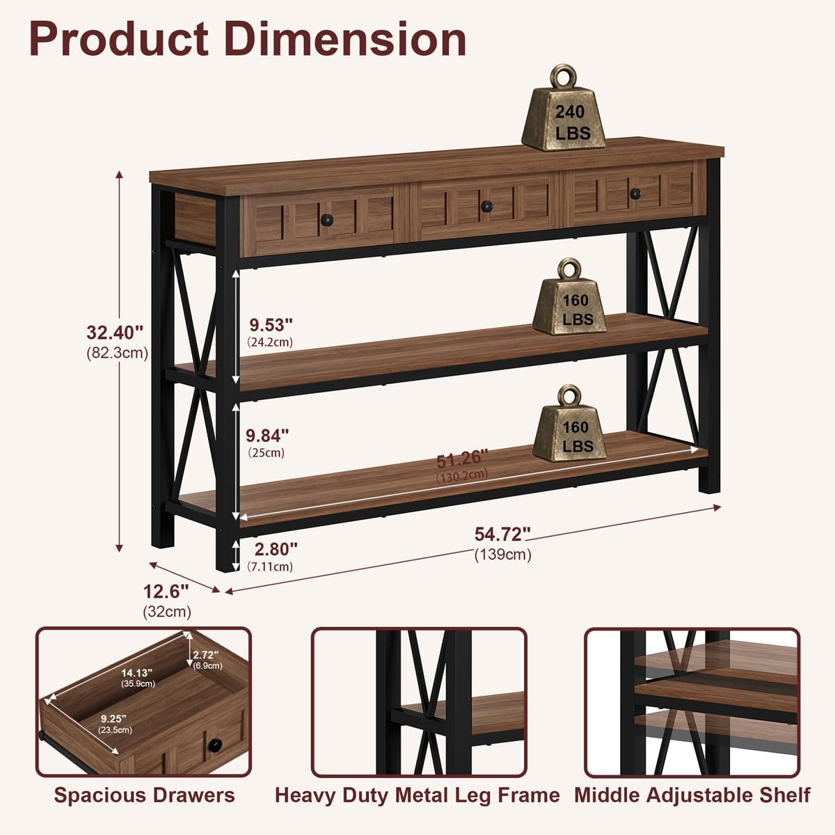 FATORRI Console Table for Entryway, Farmhouse Sofa Table with 3 Drawers for Living Room, Wood and Metal Hallway Tables with Storage and Couch Tables Behind Sofa (54.72 Inch Long, Medium Walnut)