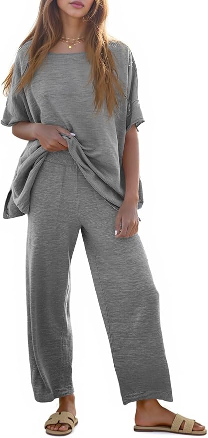 Tankaneo Women's 2 Piece Travel Outfits Casual Short Sleeve Knit Sweater Set Wide Leg Pants Lounge Sets Tracksuit
