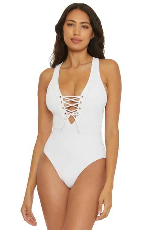BECCA Women's Standard Modern Edge One Piece Swimsuit, Plunge Neck, Criss Cross, Bathing Suits, White, Small